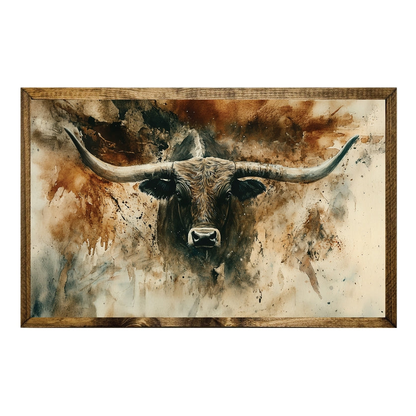 TIMBERLAND FRAME RUSTIC LONGHORN BULL IN WATERCOLOR STYLE
