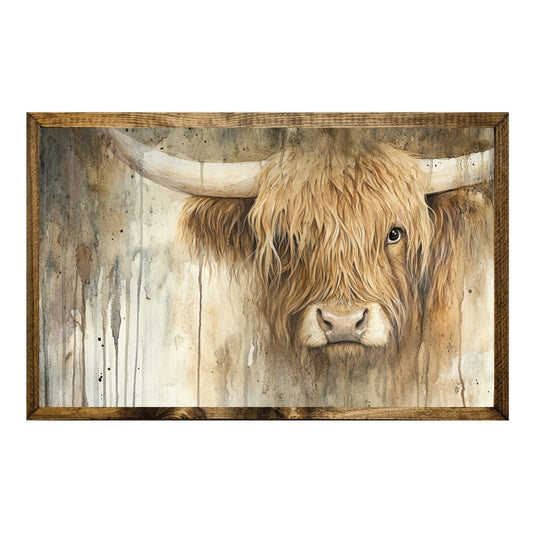 TIMBERLAND FRAME HIGHLAND COW WATERCOLOR WITH RUSTIC CHARM