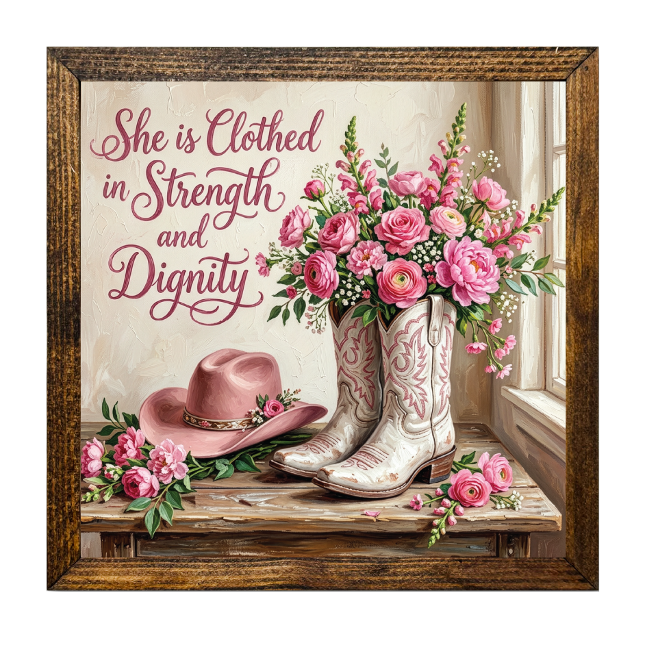 TIMBERLAND FRAME SHE IS CLOHED IN STRENGTH AND DIGNITY