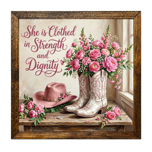 TIMBERLAND FRAME SHE IS CLOHED IN STRENGTH AND DIGNITY