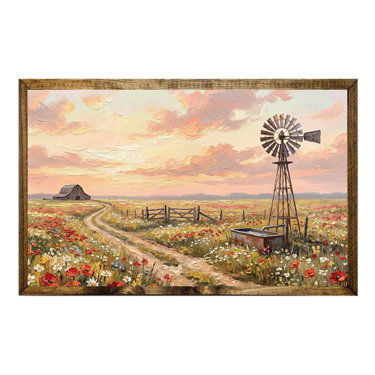 TIMBERLAND FRAME OIL PAINTING BARN FLOWER FIELD SUNSET 2