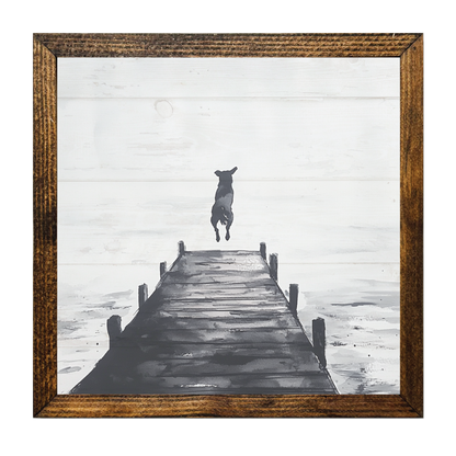 ARTISTIC SERIES TIMBERLAND-HAPPY DOG JUMPING OFF LAKE PIER