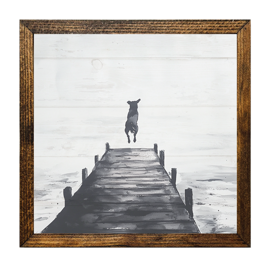 ARTISTIC SERIES TIMBERLAND-HAPPY DOG JUMPING OFF LAKE PIER