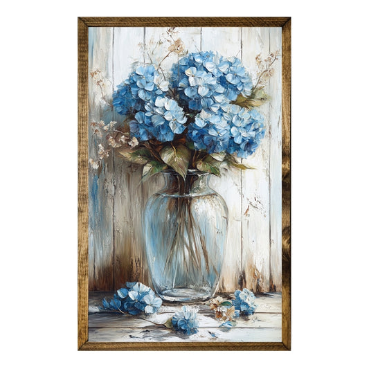 TIMBERLAND FRAME BLUE HYDRANGEA VASE FRAMED WOOD WALL ART