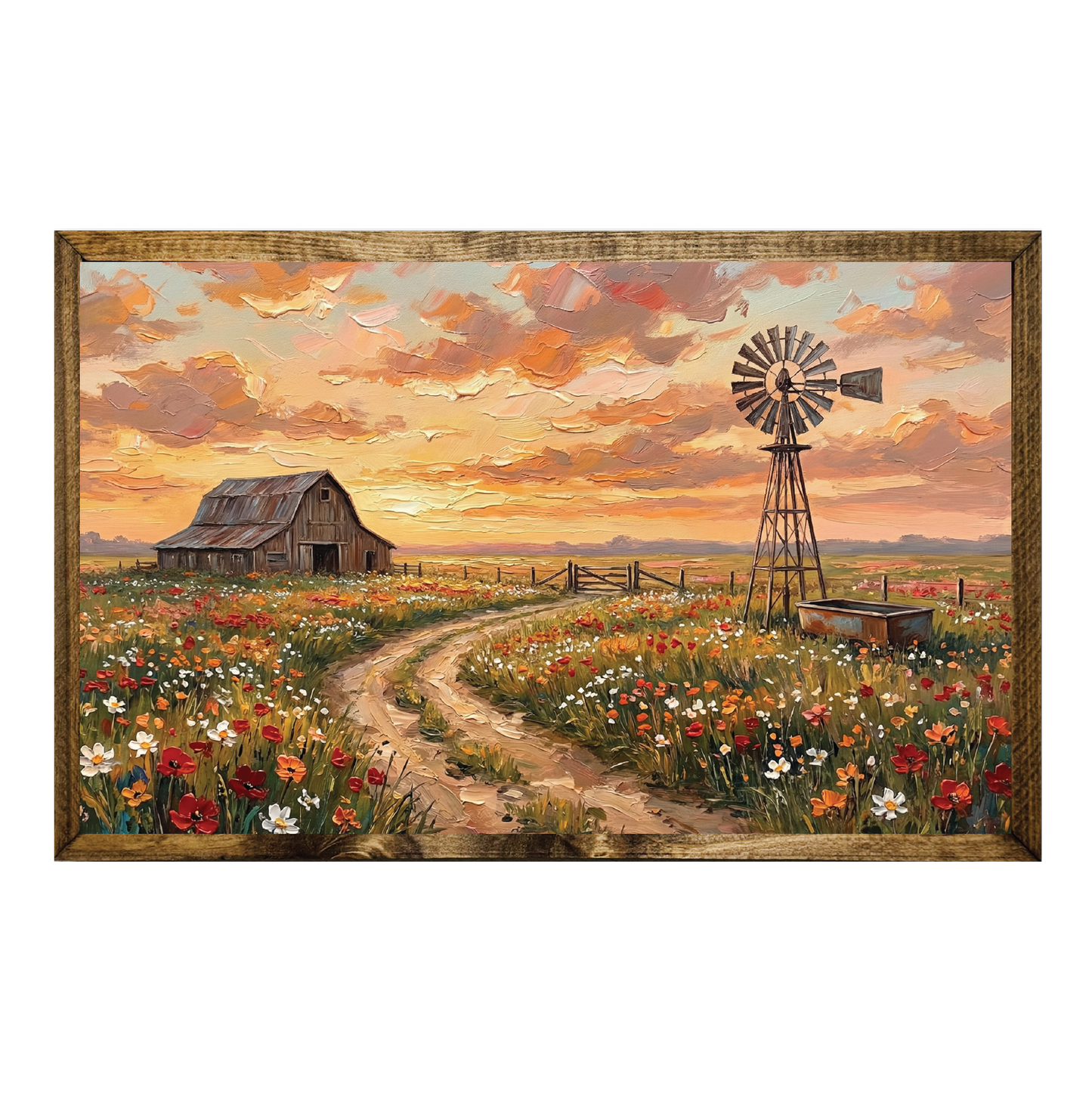 TIMBERLAND FRAME OIL PAINTING BARN FLOWER FIELD SUNSET