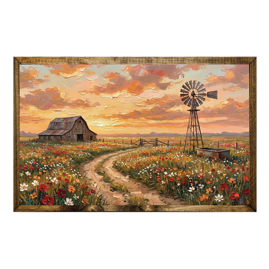 TIMBERLAND FRAME OIL PAINTING BARN FLOWER FIELD SUNSET