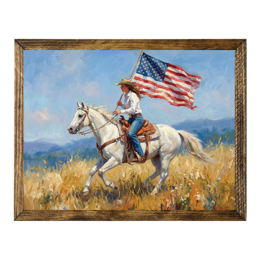 TIMBERLAND FRAME HORSE RIDER IN FIELD WITH FLAG