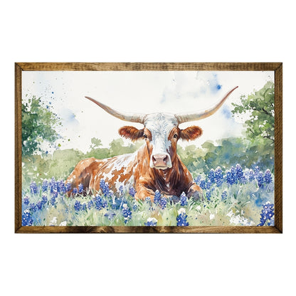 TIMBERLAND FRAME TEXAS LONGHORN LAYING IN BLUEBONNETS