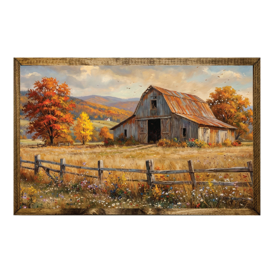 TIMBERLAND FRAME OIL PAINTING BARN FIELD FALL