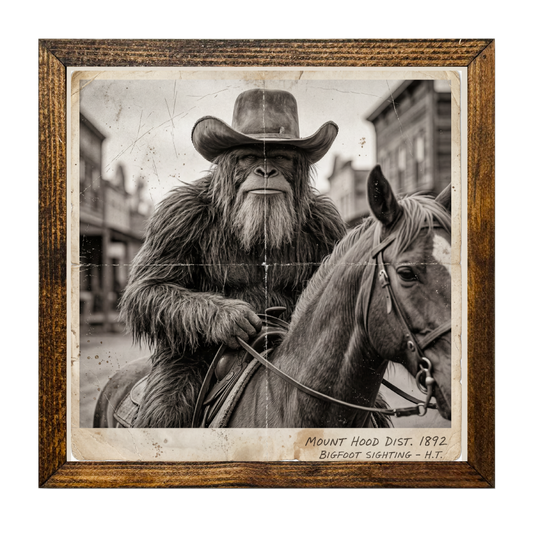 TIMBERLAND FRAME OLD VINTAGE PHOTO BIGFOOT RIDING A HORSE