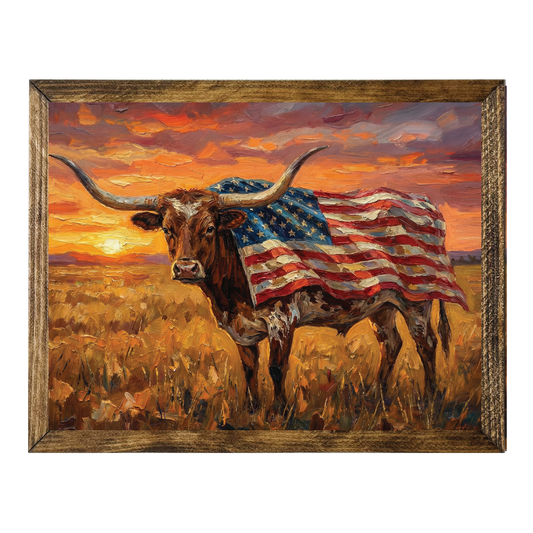 TIMBERLAND FRAME LONGHORN FLAG SUNSET PAINTING