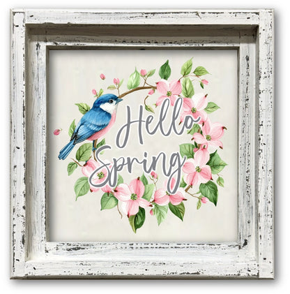 FRAMED CANVAS HELLO SPRING BLUE BIRD FLORAL