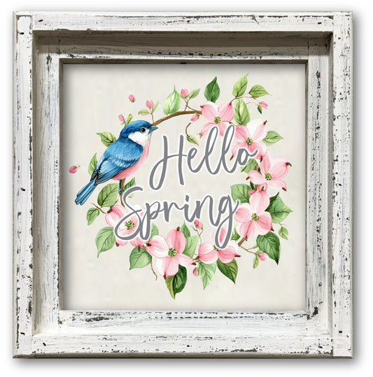 FRAMED CANVAS HELLO SPRING BLUE BIRD FLORAL