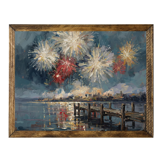 TIMBERLAND FRAME FIREWORKS OVER THE LAKE OIL PAINTING