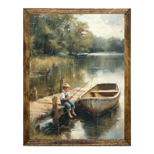 TIMBERLAND FRAME DISTRESSED BOAT WITH BOY FISHING