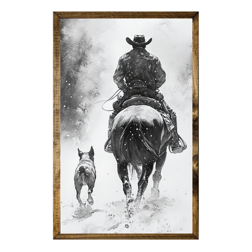 TIMBERLAND FRAME COWBOY AND DOG IN SNOW