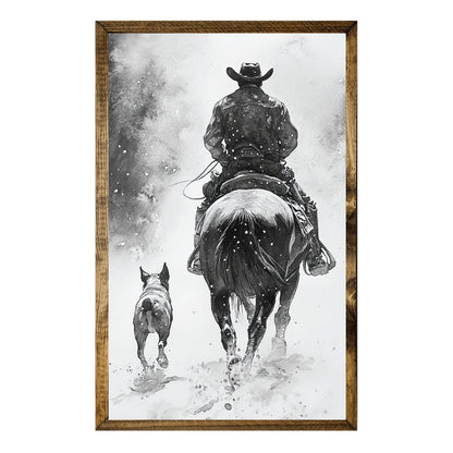 TIMBERLAND FRAME COWBOY AND DOG IN SNOW