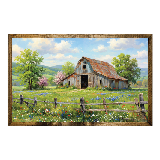 TIMBERLAND FRAME OIL PAINTING BARN FIELD SPRING