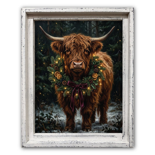 Majestic Highland Cow with Festive Wreath Framed Canvas