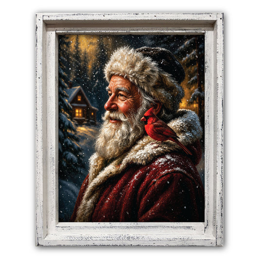 Santa with Cardinal Framed Canvas