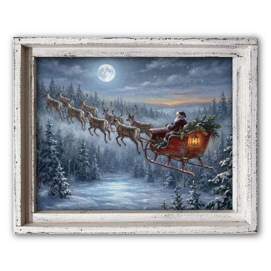 Santa's Moonlit Sleigh Ride Framed Canvas