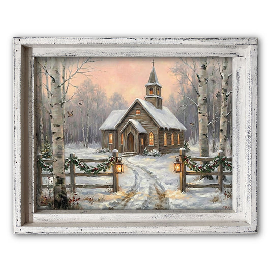 Christmas Chapel in the Snow Framed Canvas