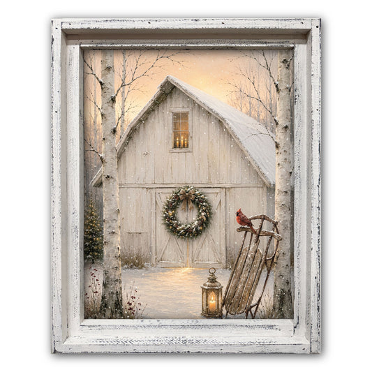 White Barn Christmas Framed Canvas