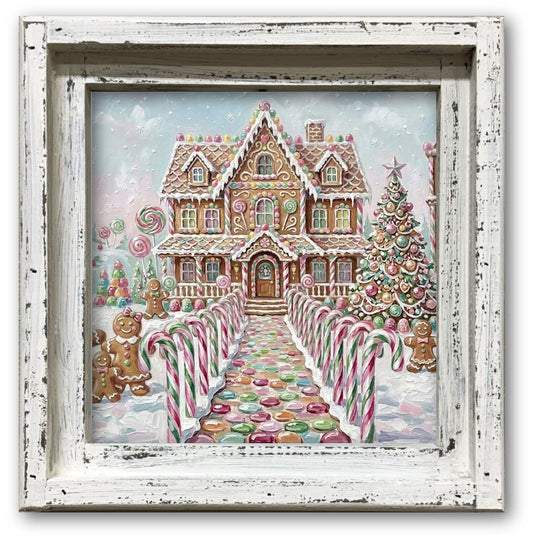Candy Cane Gingerbread House Framed Canvas