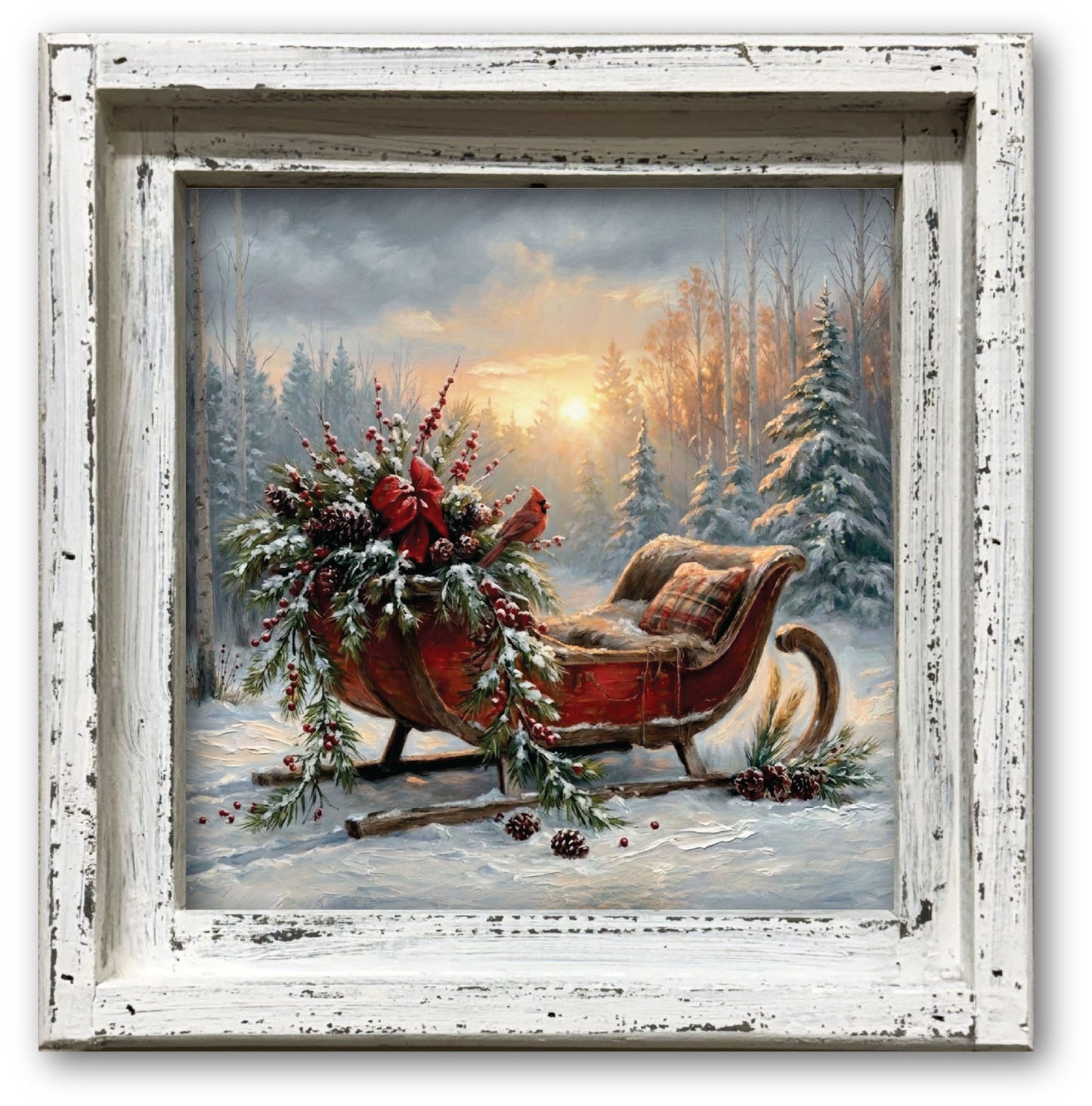 Cardinal's Christmas Sleigh Framed Canvas