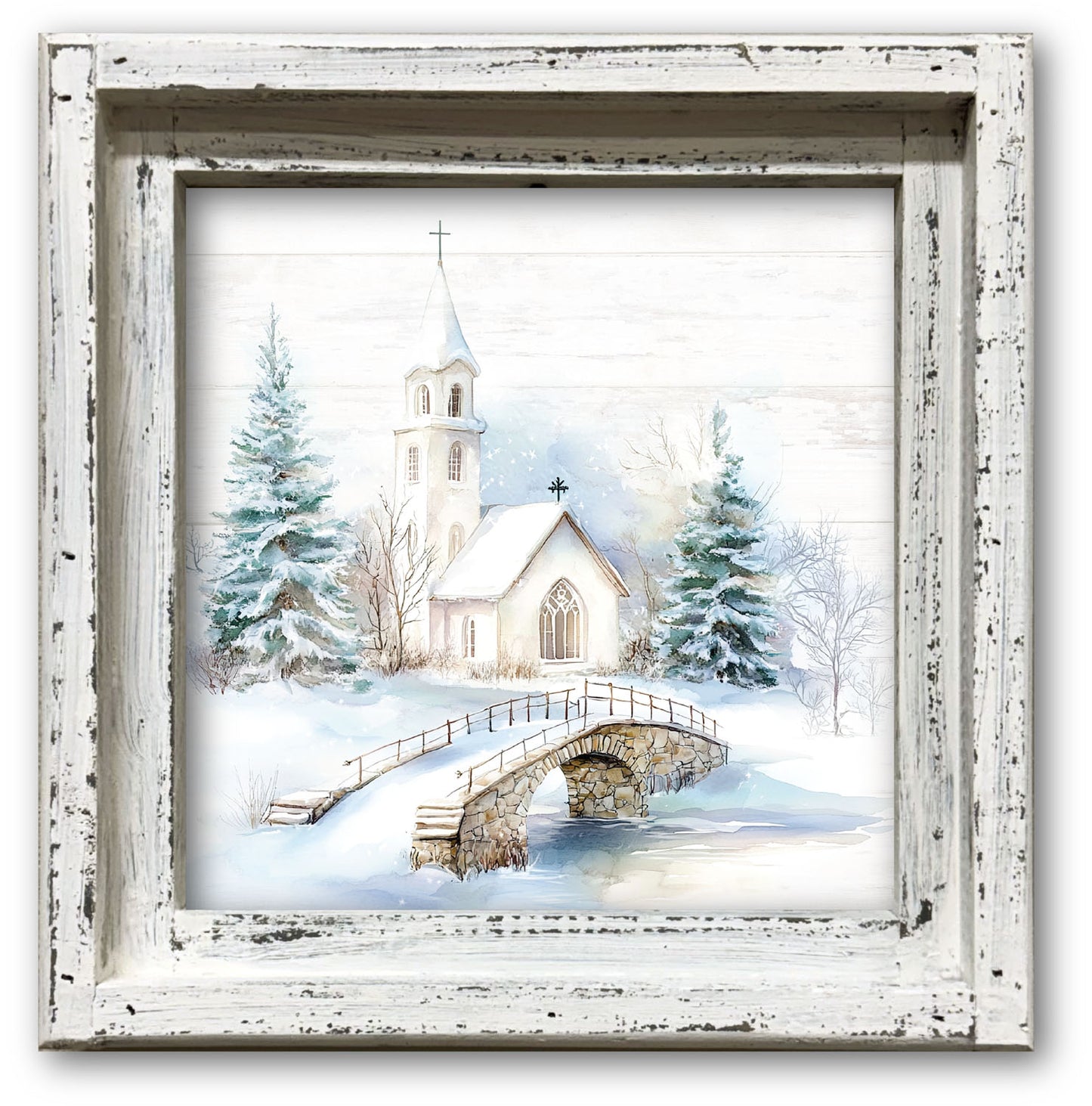 Winter Church Bridge Framed Canvas