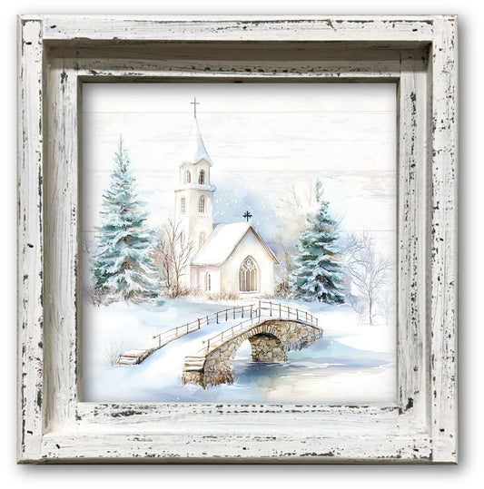 Winter Church Bridge Framed Canvas