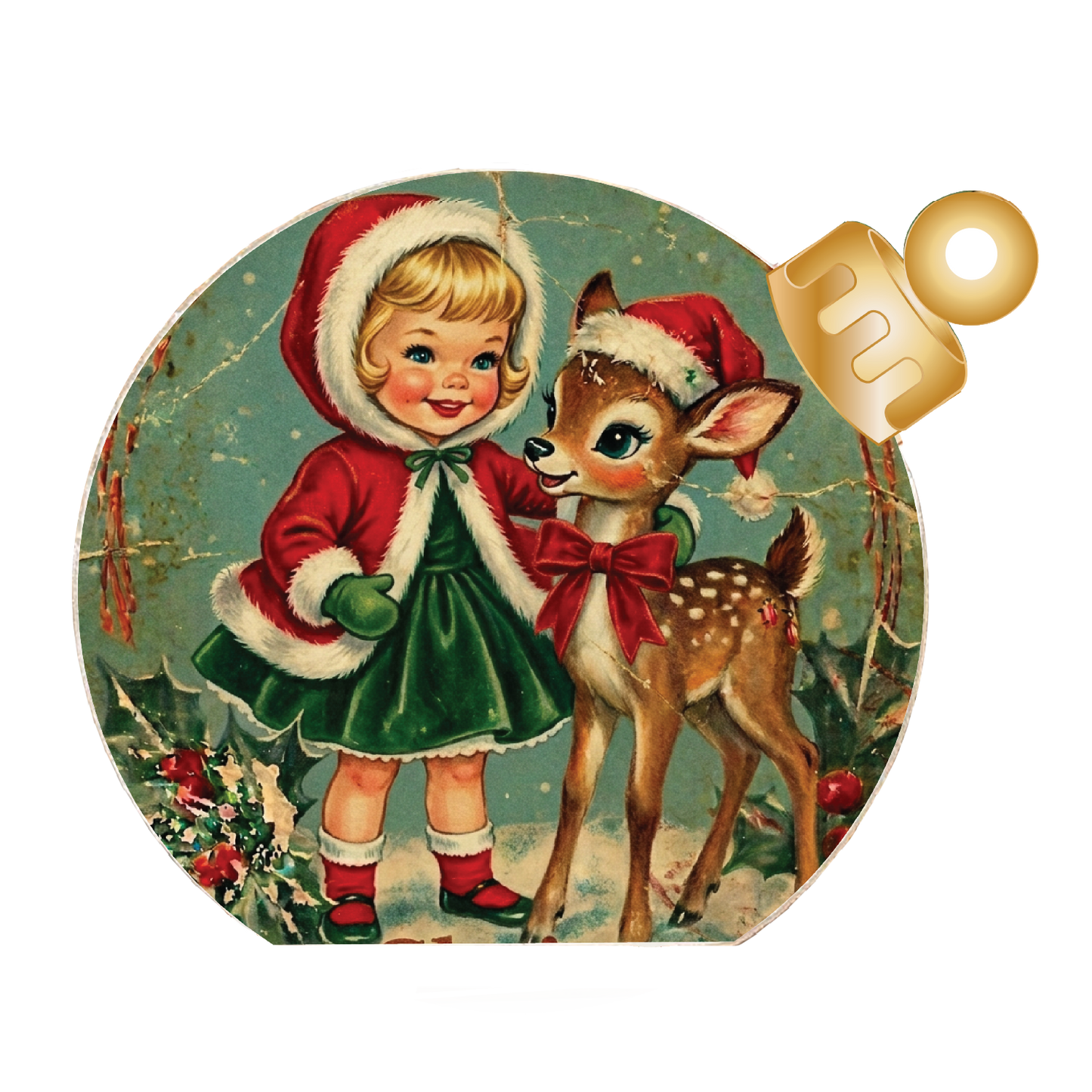 Vintage Girl & Reindeer Wood Table Top Sitter