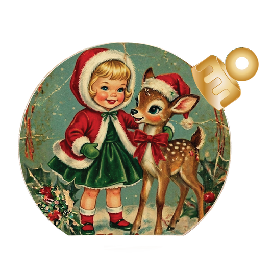 Vintage Girl & Reindeer Wood Table Top Sitter
