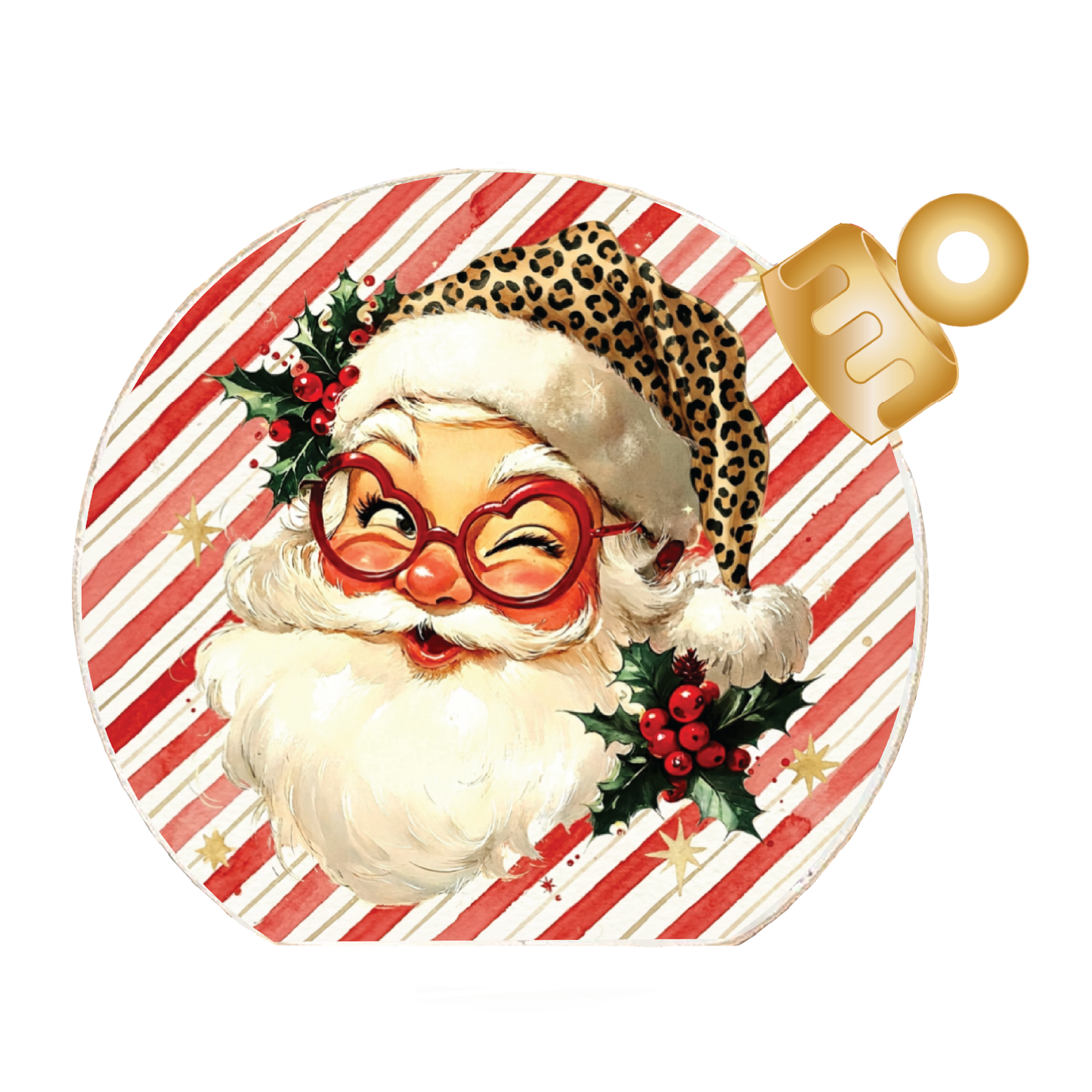 Retro Santa with Leopard Hat Wood Table Top Sitter
