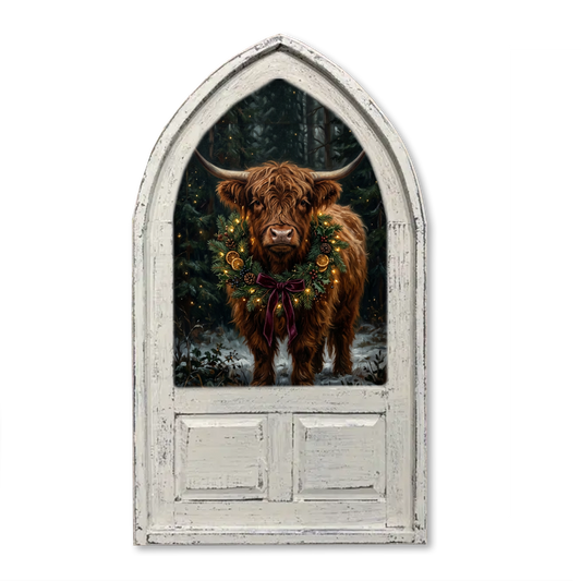 Majestic Highland Cow Christmas Wreath Framed Canvas