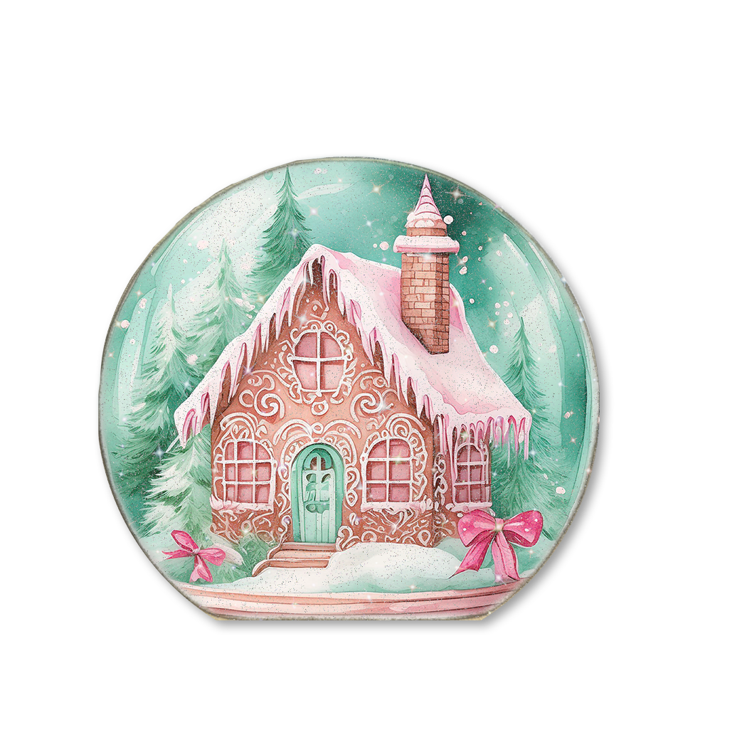 Snow Globe Sitter Pink & Mint Green Gingerbread House 2