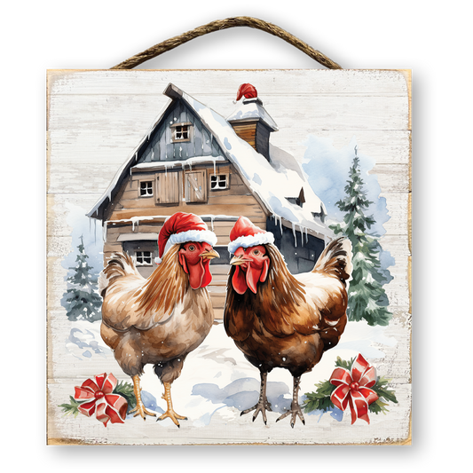 Vintage Festive Chickens Christmas Sign