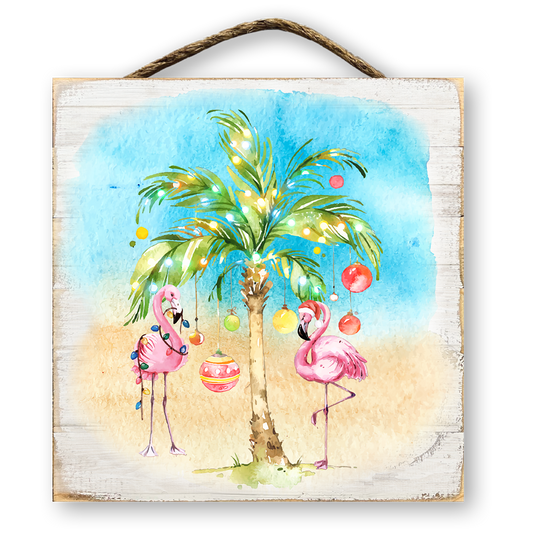 Tropical Flamingo Palm Tree Christmas Sign