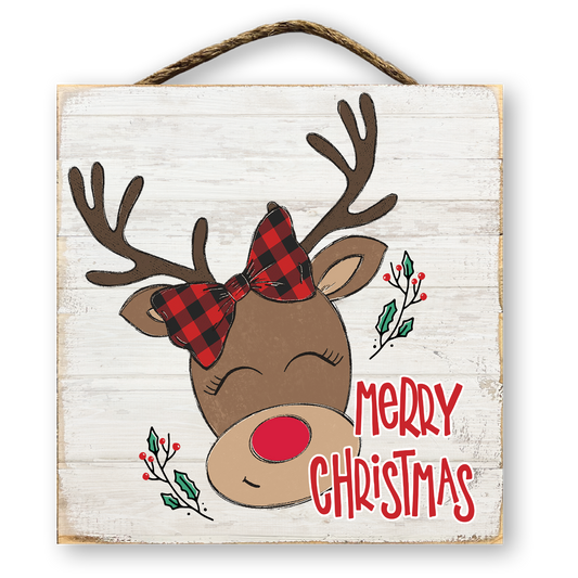 Cute Reindeer with Buffalo Plaid Bow Christmas Sign