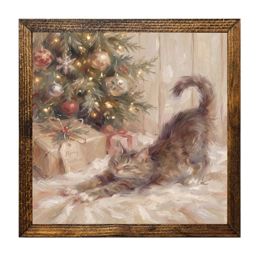 Vintage Christmas Cat Wall Decor – Cozy Tabby Kitten & Christmas Tree Framed Art Print