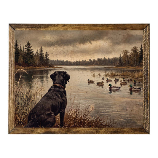 Rustic Black Labrador by the Lake Wall Art Print