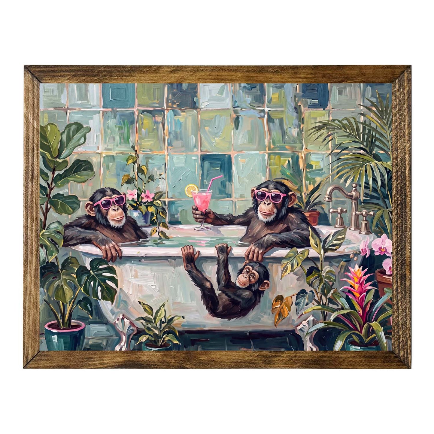 Whimsical Monkey in Bathtub Wall Art Print