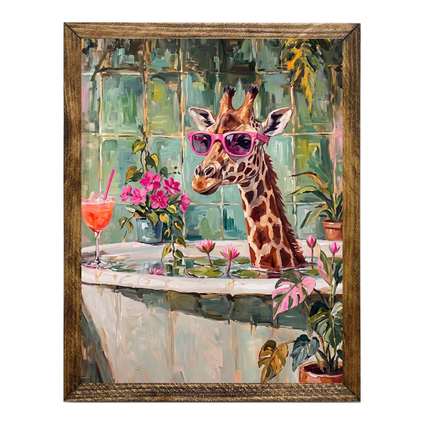 Playful Giraffe in Bathtub Wall Art Print