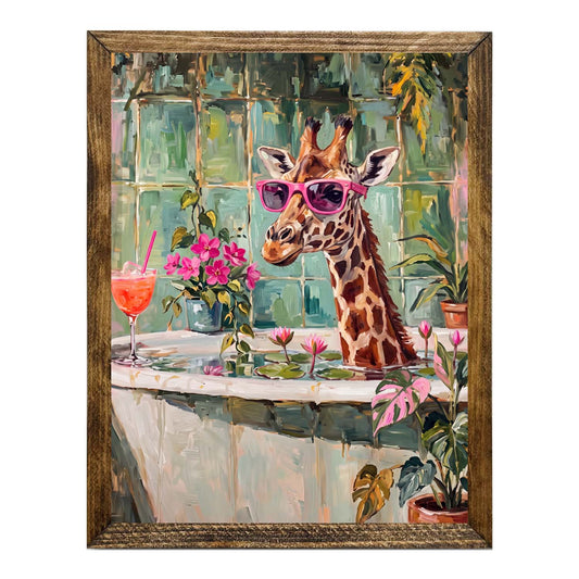 Playful Giraffe in Bathtub Wall Art Print