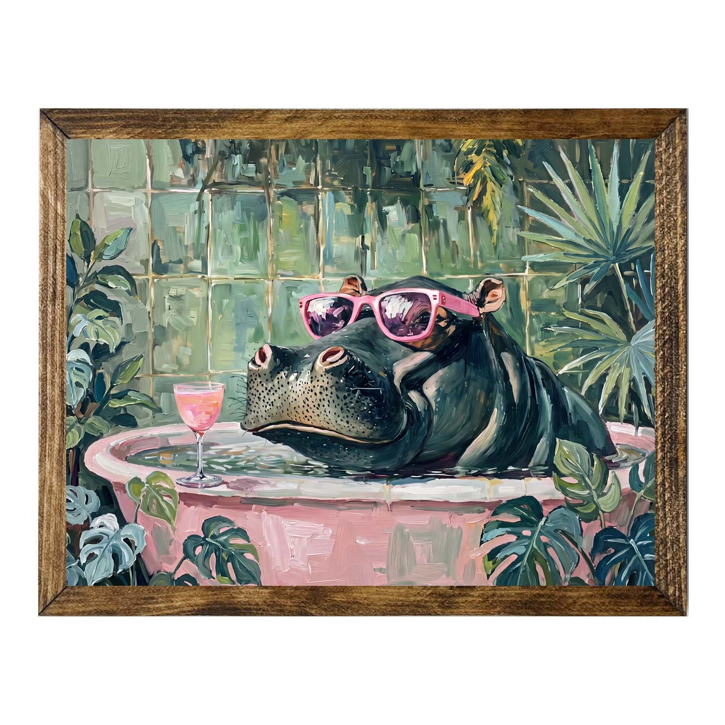 Whimsical Hippo in Pink Bathtub Wall Art Print
