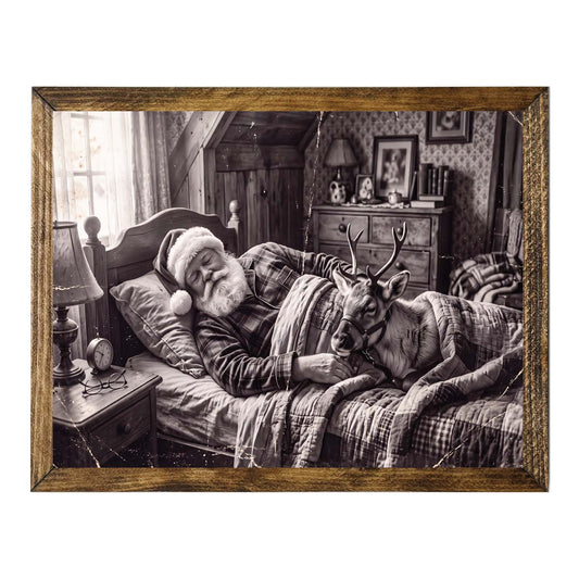 Vintage Santa & Reindeer Wall Art – Black & White Christmas Print