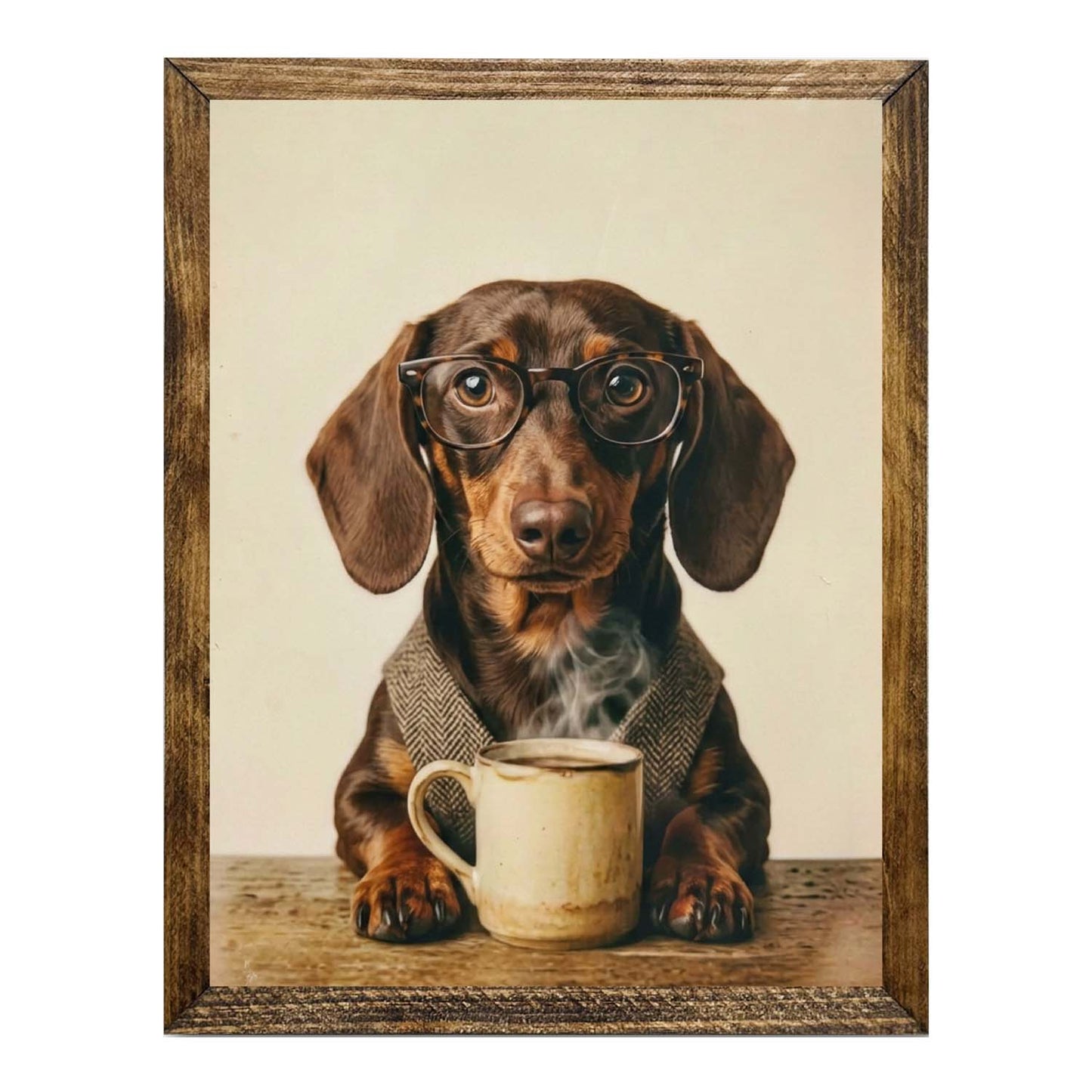 Dachshund with Glasses & Coffee Framed Wall Artwork