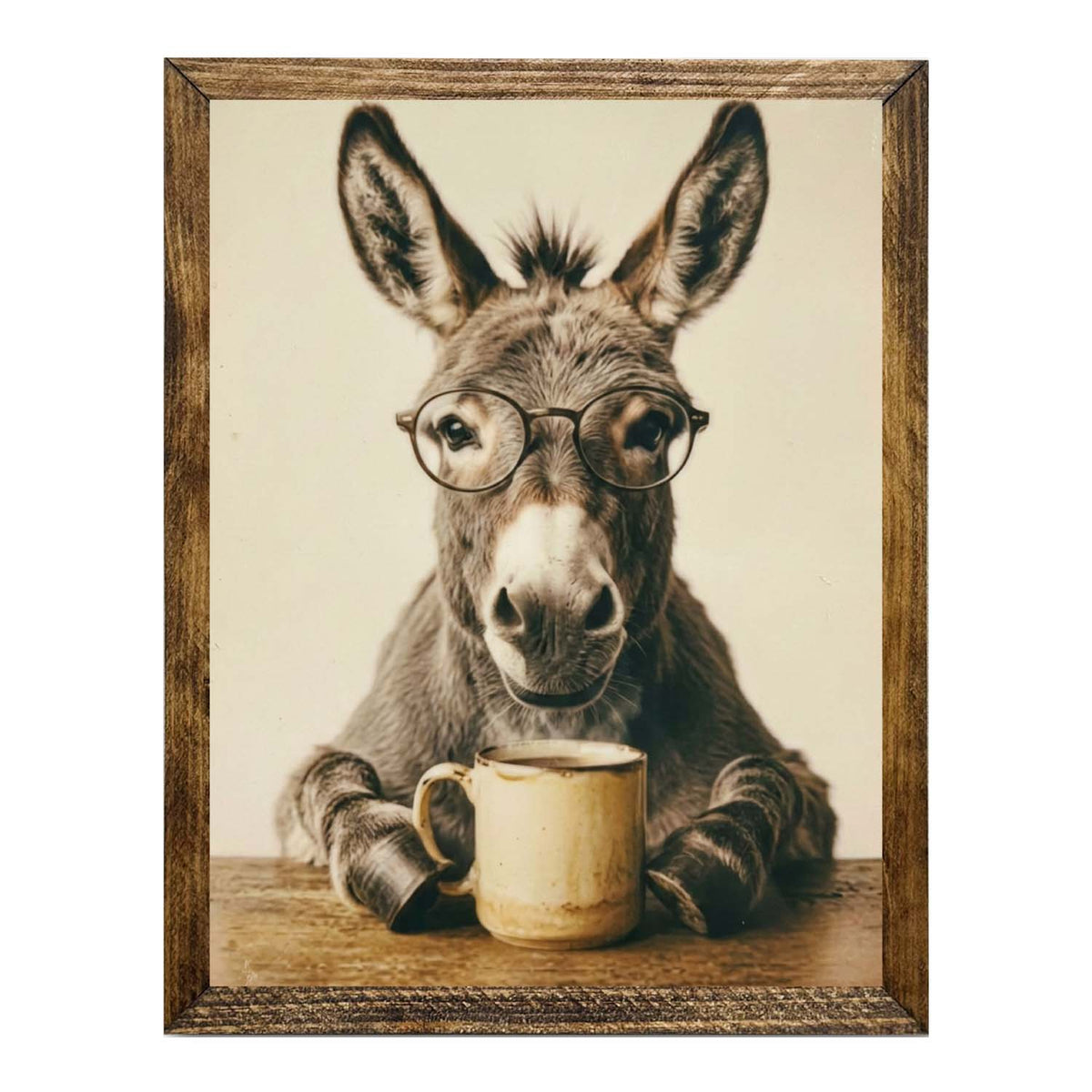 Funny Donkey with Glasses & Coffee Framed Wall Artwork