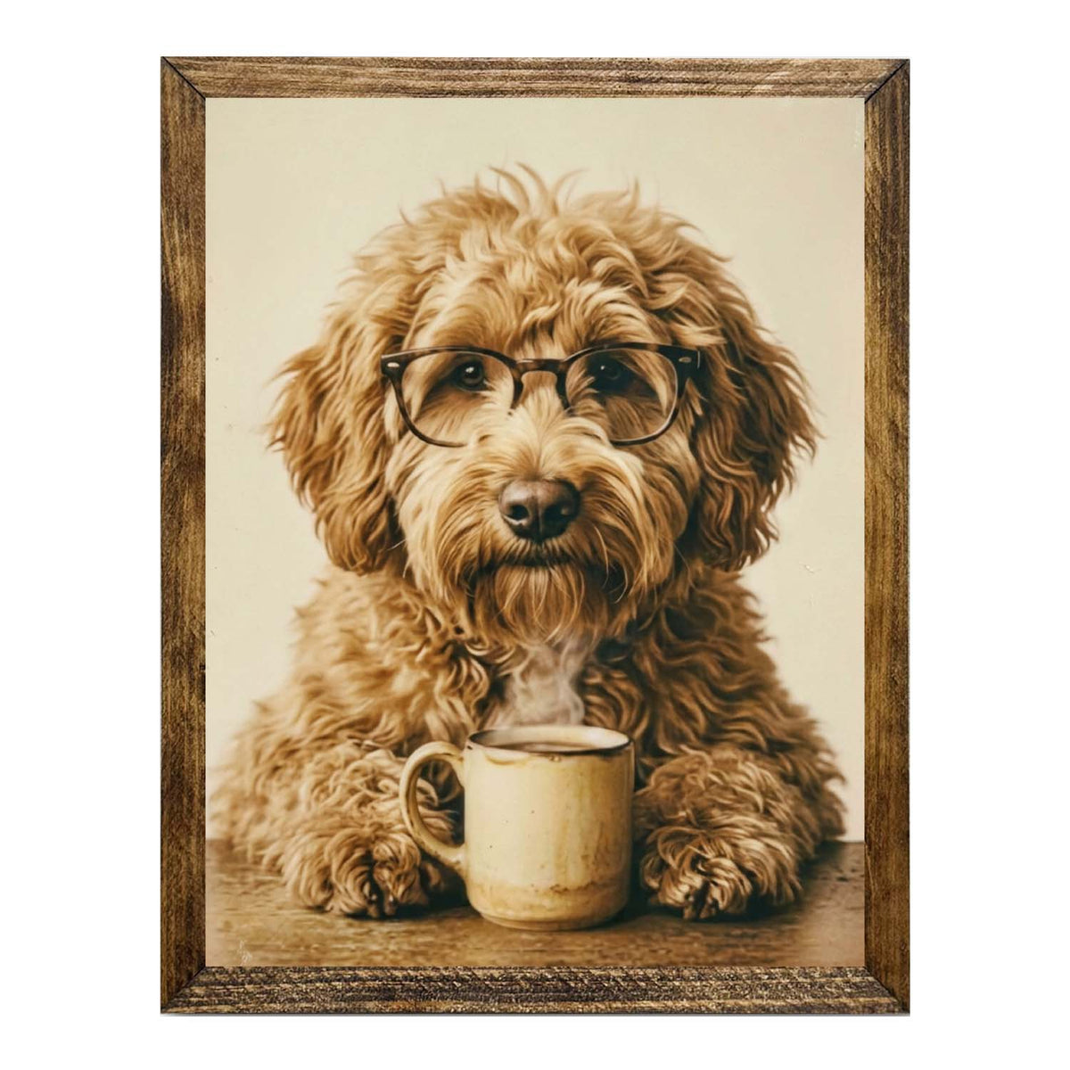 Fluffy Puppy with Glasses & Coffee Framed Wall Artwork