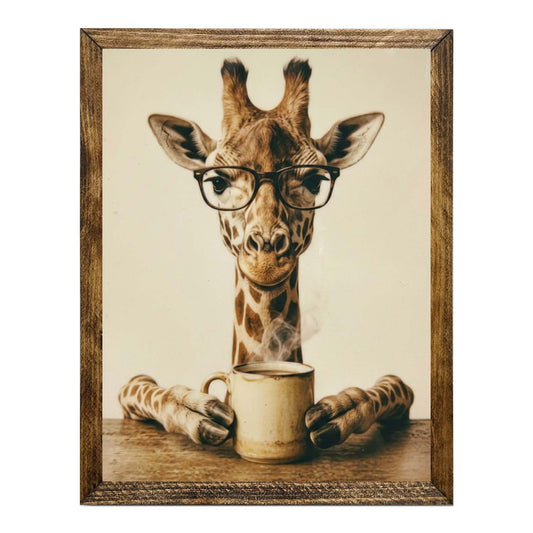 Whimsical Giraffe with Glasses & Coffee Framed Wall Artwork